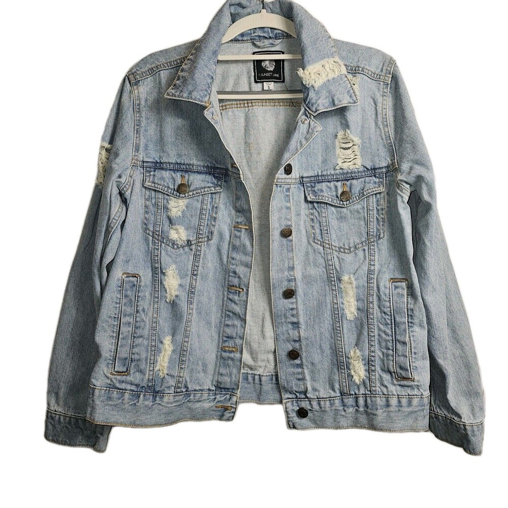 1 Sunset Lane Jacket Womens S Blue Denim Distressed Collared Button Pockets